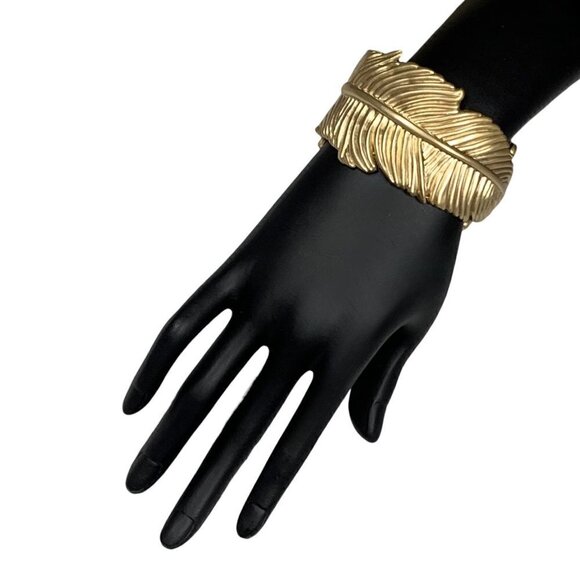 Gold Feather Hinge Statement Bangle Bracelet For Women - Picture 3 of 7
